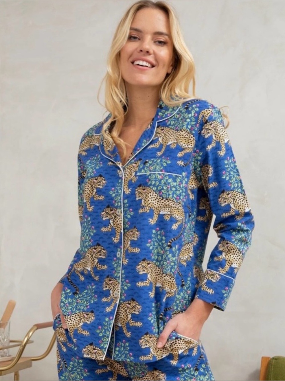 Printfresh Bagheera Long Sleep Pajama Top in Blue Leopard Cotton medium